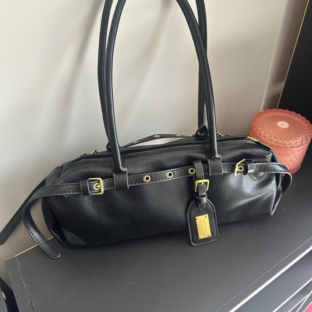 Black Leather Handbag with Gold Accents